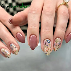 Cyflymder 24pcs/set Short Almond Flowers Reusable Adhesive False Nails Cheap Artificial Presss on Nails with Glue Woman