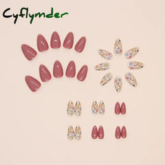 Cyflymder 24pcs/set Short Almond Flowers Reusable Adhesive False Nails Cheap Artificial Presss on Nails with Glue Woman