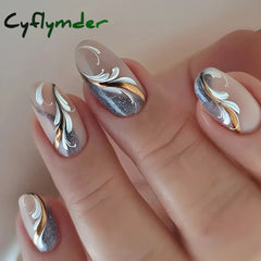 Cyflymder 24Pcs Short Almond Fake Nails Butterfly Wings Nail Art with Glue Glitter Flower False Nails Acrylic Autumn