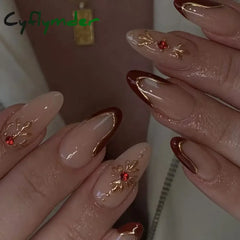 Cyflymder 24Pcs Short Almond Fake Nails Butterfly Wings Nail Art with Glue Glitter Flower False Nails Acrylic Autumn