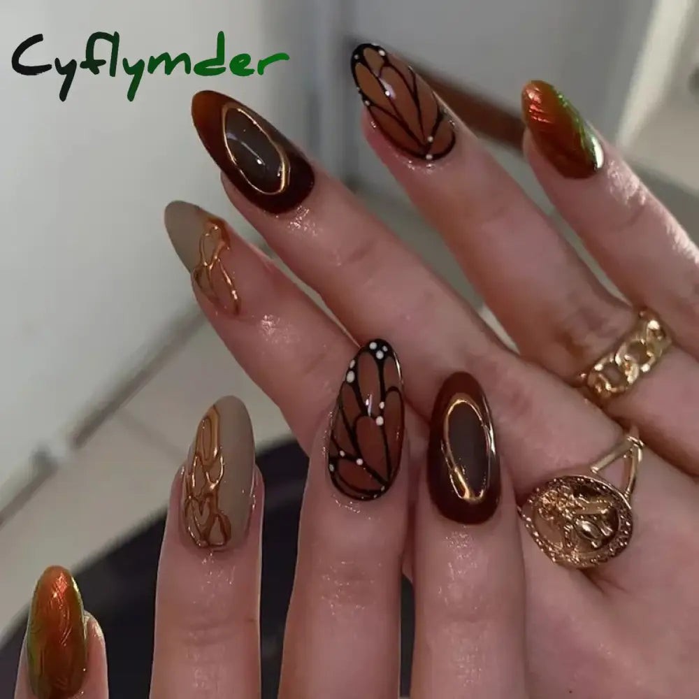 Cyflymder 24Pcs Short Almond Fake Nails Butterfly Wings Nail Art with Glue Glitter Flower False Nails Acrylic Autumn