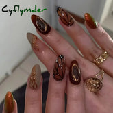 Cyflymder 24Pcs Short Almond Fake Nails Butterfly Wings Nail Art with Glue Glitter Flower False Nails Acrylic Autumn