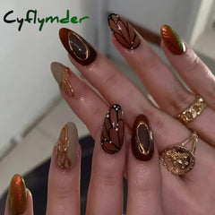 Cyflymder 24Pcs Short Almond Fake Nails Butterfly Wings Nail Art with Glue Glitter Flower False Nails Acrylic Autumn