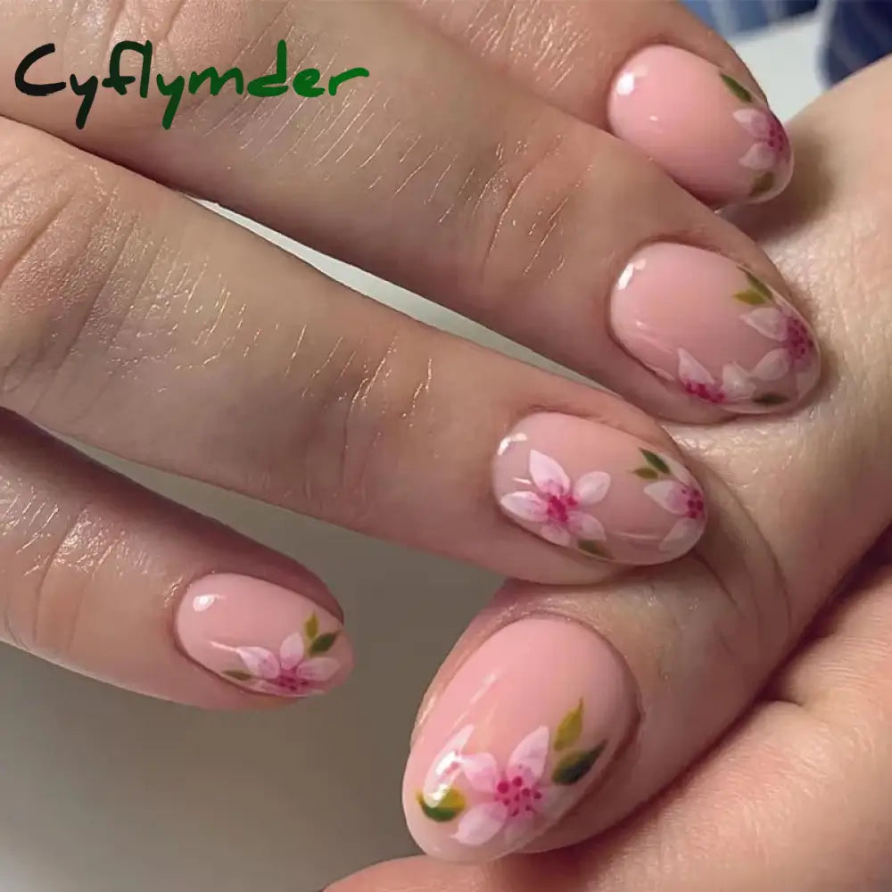 Cyflymder 24pcs Short Almond False Nails Flower Pattern Oval Fake Nails Press on Nails Full Cover Wearable Manicure