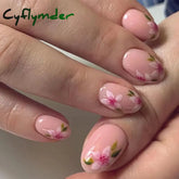 Cyflymder 24pcs Short Almond False Nails Flower Pattern Oval Fake Nails Press on Nails Full Cover Wearable Manicure