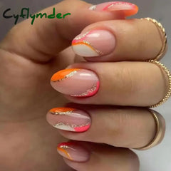 Cyflymder 24pcs Short Almond False Nails Flower Pattern Oval Fake Nails Press on Nails Full Cover Wearable Manicure