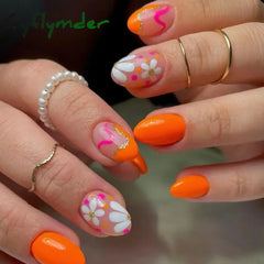 Cyflymder 24pcs Short Almond False Nails Flower Pattern Oval Fake Nails Press on Nails Full Cover Wearable Manicure