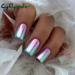 Cyflymder 24Pcs Short False Nails Aurora Cat Eye with French Design Simple Metallic Full Cover Wearable Chrome Press on