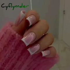 Cyflymder 24Pcs Short False Nails Aurora Cat Eye with French Design Simple Metallic Full Cover Wearable Chrome Press on