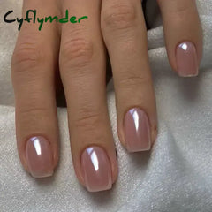 Cyflymder 24Pcs Short False Nails Aurora Cat Eye with French Design Simple Metallic Full Cover Wearable Chrome Press on