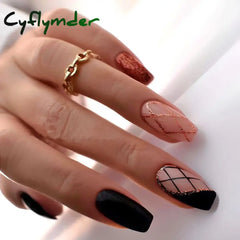 Cyflymder 24Pcs Short Square Head Fake Nail With Glue Wearable Grey Coffin False Nails French Full