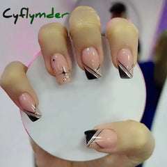 Cyflymder 24Pcs Simple Black Fake Nail Short Square Head False Nails With Glitter Star Designs