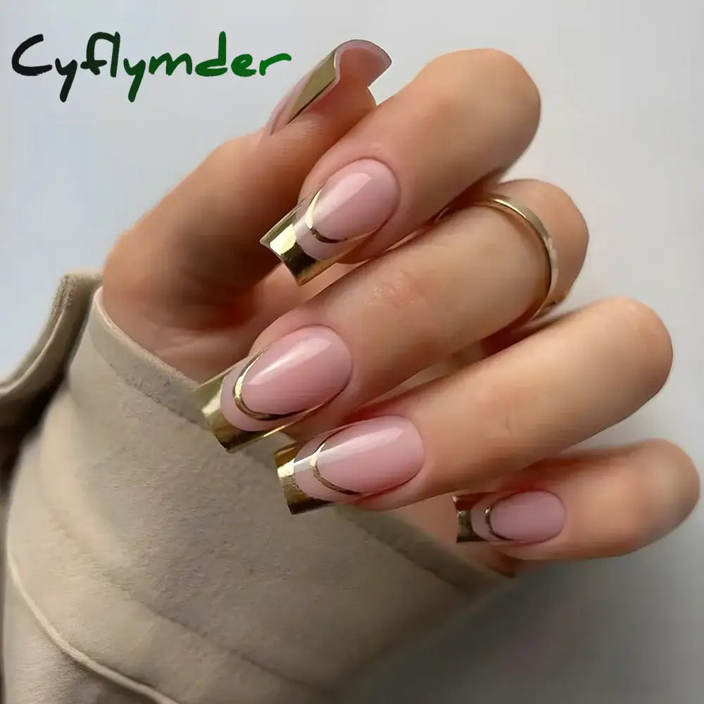 24Pcs Simple False Nails Gold Edge Butterfly with French Design Wearable Fake Nails Coffin Full Cover Press on Nail Tips Art