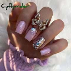 Cyflymder 24Pcs Simple French Fake Nails Wearable Artifical False With Glue Long Coffin Press On