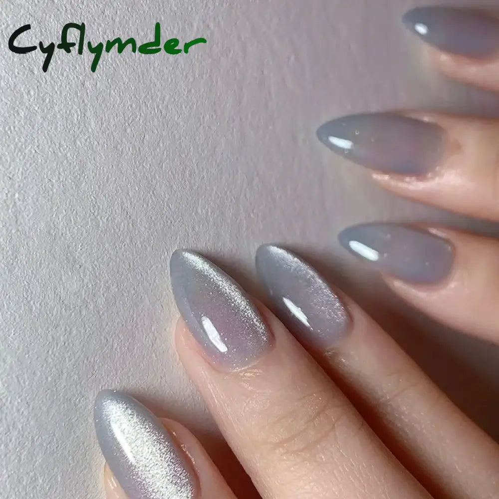 Cyflymder 24Pcs Solid Color Grey Almond Fake Nail Cat’s Eye Design Wearable Round Head False Nails with Shiny Powder