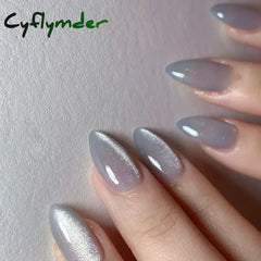 Cyflymder 24Pcs Solid Color Grey Almond Fake Nail Cat’s Eye Design Wearable Round Head False Nails with Shiny Powder