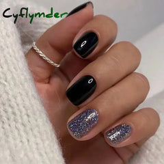 Cyflymder 24Pcs Square False Nails Simple White French Glitter Fake Full Cover Detachable Nail Tips