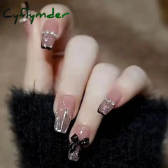 Cyflymder 24Pcs Super Shiny False Nails 3D Drop Diamond Y2K Mid-Length Coffin Ballet Fake Full