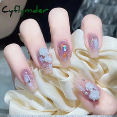 Cyflymder 24Pcs Super Shiny False Nails 3D Drop Diamond Y2K Mid-Length Coffin Ballet Fake Full