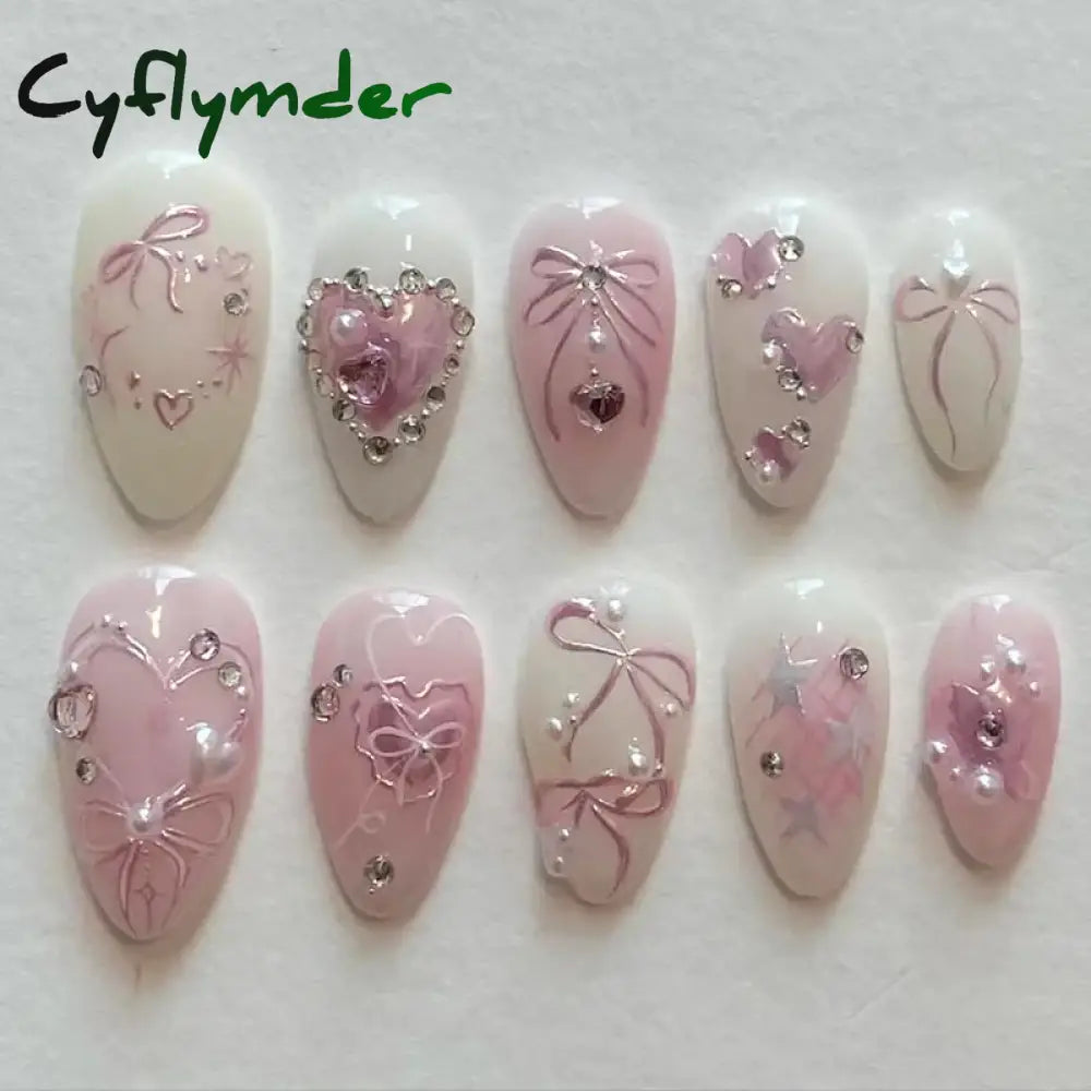 Cyflymder 24pcs Sweet False Nail Patches Detachable Fake Nail Tips With Bowknots Love Heart Pearl Design Pink Almond