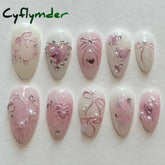 Cyflymder 24pcs Sweet False Nail Patches Detachable Fake Nail Tips With Bowknots Love Heart Pearl Design Pink Almond