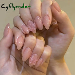 Cyflymder 24pcs Sweet False Nail Patches Detachable Fake Nail Tips With Bowknots Love Heart Pearl Design Pink Almond