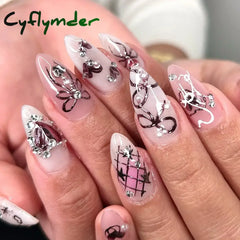Cyflymder 24pcs Sweet False Nail Patches Detachable Fake Nail Tips With Bowknots Love Heart Pearl Design Pink Almond