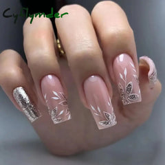 Cyflymder 24Pcs Tip Fake Nails Kit Long Almond Press On With Jelly Glue Colorful Flower Leaf False