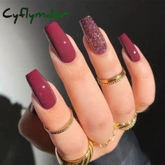 Cyflymder 24pcs Wine Red Powder Fake Nails Square Head French Ballet Nail Press on Nails Gradient False Nails