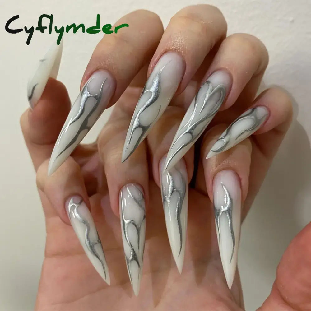 Cyflymder 24Pcs Y2K Long Pointed False Nails Cool Girl Style Silver Flame Pattern Press On