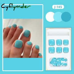 Cyflymder 24Ps Glossy Lake Blue Press On Toe Nails Artificial Acrylic Fake Toenails Full Coverage