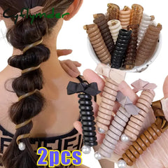 Cyflymder 2pcs Bow Elastic Rubber Bands for Women Girls Telephone Wire Hair Ties Loop Spiral Coil Hairbands Ponytail