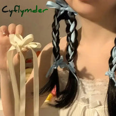 Cyflymder 2Pcs/Set Braided Bows Hair Clips Ribbons Double Ponytails Cute Headwear Fashionable