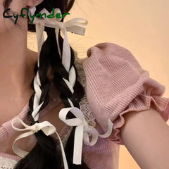 Cyflymder 2Pcs/Set Braided Bows Hair Clips Ribbons Double Ponytails Cute Headwear Fashionable
