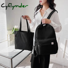 Cyflymder 2Pcs/Set Women’s Backpack Solid Color Female Multi-Pocket Rucksack Casual Knapsack