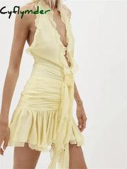 Cyflymder 3D Flower Patchwork Mini Dress For Women Halter Tie-Up Off Shoulder Backless Ruched