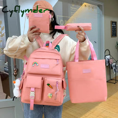Cyflymder 4 Pcs Sets Canvas Schoolbags For Teenage Girls Women Backpack Canvas Kids Primary School