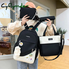 Cyflymder 4 Pcs Sets Canvas Schoolbags For Teenager Girls Women Backpack Contrast Color Kawaii