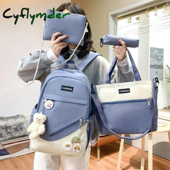 Cyflymder 4 Pcs Sets Canvas Schoolbags For Teenager Girls Women Backpack Contrast Color Kawaii