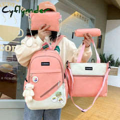 Cyflymder 4 Pcs Sets Canvas Schoolbags For Teenager Girls Women Backpack Contrast Color Kawaii