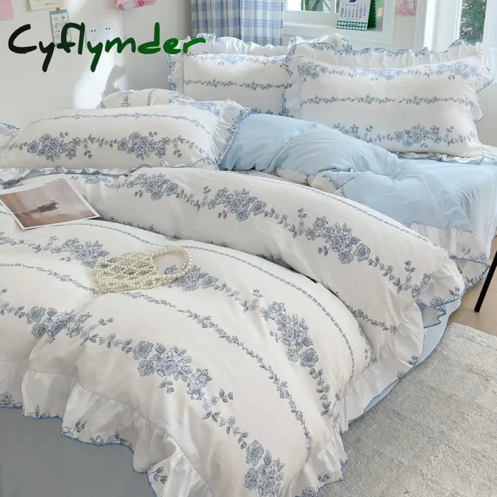 Cyflymder 4pcs Korean lace Duvet Cover Set (1*Duvet Cover + 1 flat sheet + 2*Pillowcase Without Core) Fresh Flower