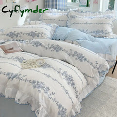Cyflymder 4pcs Korean lace Duvet Cover Set (1*Duvet Cover + 1 flat sheet + 2*Pillowcase Without Core) Fresh Flower