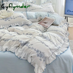 Cyflymder 4pcs Korean lace Duvet Cover Set (1*Duvet Cover + 1 flat sheet + 2*Pillowcase Without Core) Fresh Flower
