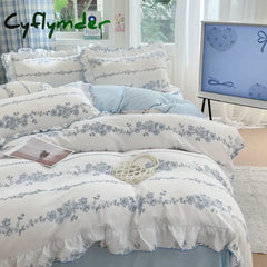 Cyflymder 4pcs Korean lace Duvet Cover Set (1*Duvet Cover + 1 flat sheet + 2*Pillowcase Without Core) Fresh Flower
