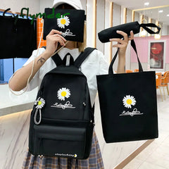Cyflymder 4Pcs/Set Preppy Style Daisy Print Backpacks Canvas School Rucksack Teenager Girls Travel