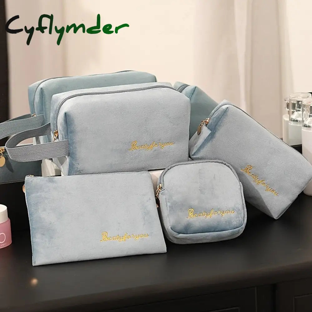 Cyflymder 4Pics Set Velvet Cosmetic Bag Ins Fashion Letter Embroidered Storage Bags Women Portable