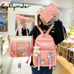 Cyflymder 5 In 1 Set Cute Pendant Women Backpacks Large Capacity Canvas Leisure Travel Bookbag