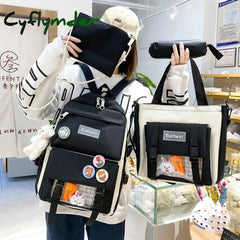 Cyflymder 5 In 1 Set Cute Pendant Women Backpacks Large Capacity Canvas Leisure Travel Bookbag
