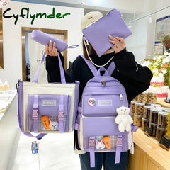 Cyflymder 5 In 1 Set Cute Pendant Women Backpacks Large Capacity Canvas Leisure Travel Bookbag