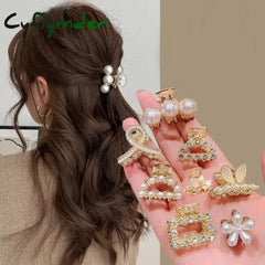 Cyflymder 6/8/10PCS/Set Small Rhinestone Pearls Geometric Metal Hair Claws For Women Girls Sweet Mini Hair Clips